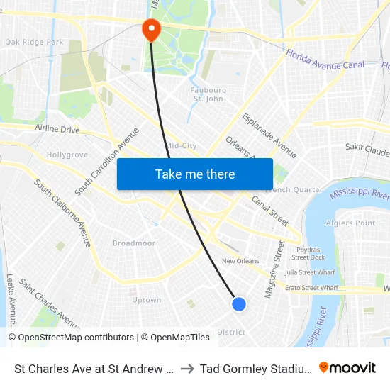 St Charles Ave at St Andrew St to Tad Gormley Stadium map
