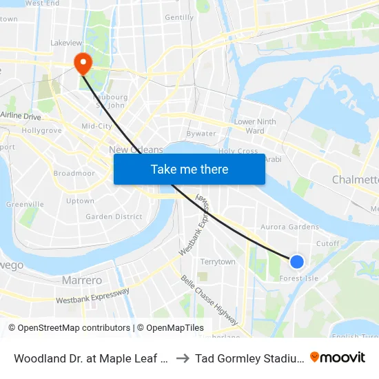 Woodland Dr. at Maple Leaf Dr. to Tad Gormley Stadium map