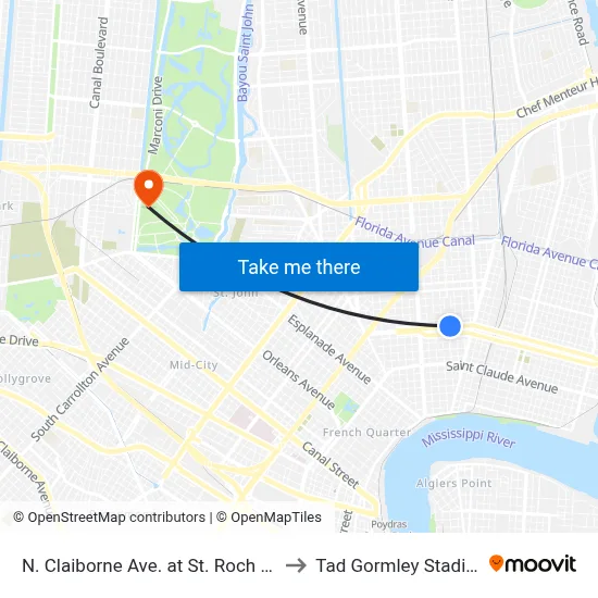 N. Claiborne Ave. at St. Roch Ave. to Tad Gormley Stadium map