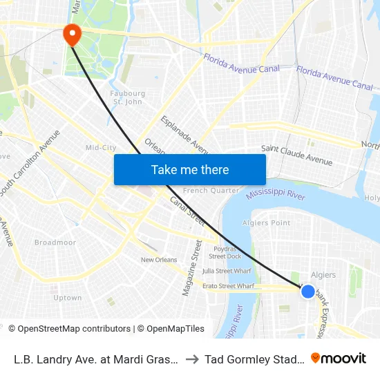 L.B. Landry Ave. at Mardi Gras Blvd. to Tad Gormley Stadium map