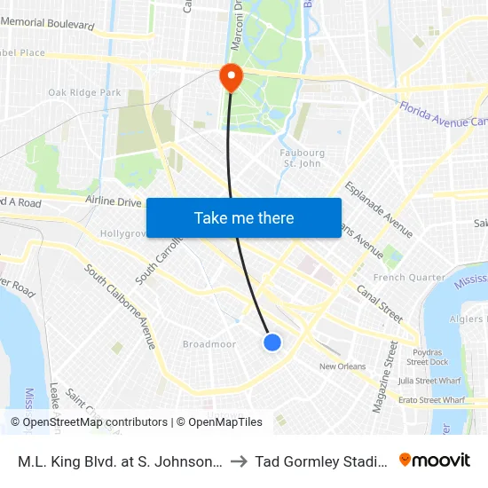 M.L. King Blvd. at S. Johnson St. to Tad Gormley Stadium map