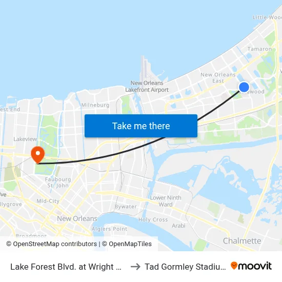 Lake Forest Blvd. at Wright Rd. to Tad Gormley Stadium map