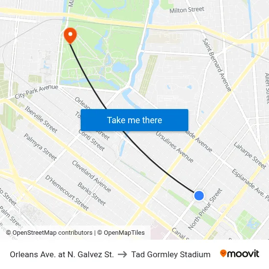 Orleans Ave. at N. Galvez St. to Tad Gormley Stadium map