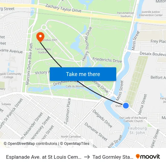 Esplanade Ave. at St Louis Cemetery #3 to Tad Gormley Stadium map