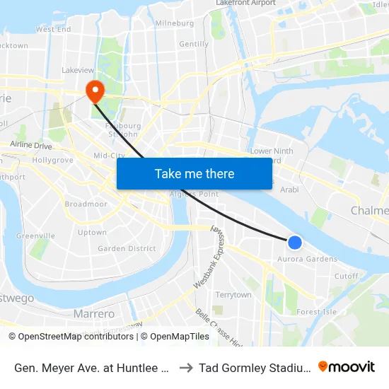 Gen. Meyer Ave. at Huntlee Dr. to Tad Gormley Stadium map
