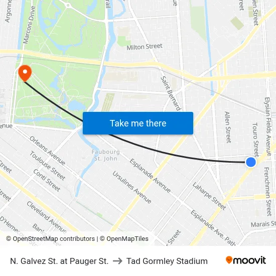 N. Galvez St. at Pauger St. to Tad Gormley Stadium map