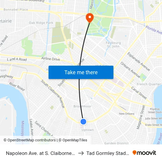 Napoleon Ave. at S. Claiborne Ave. to Tad Gormley Stadium map