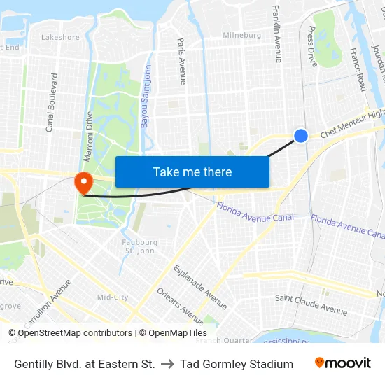 Gentilly Blvd. at Eastern St. to Tad Gormley Stadium map