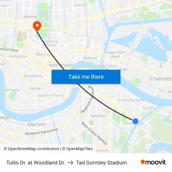 Tullis Dr. at Woodland Dr. to Tad Gormley Stadium map