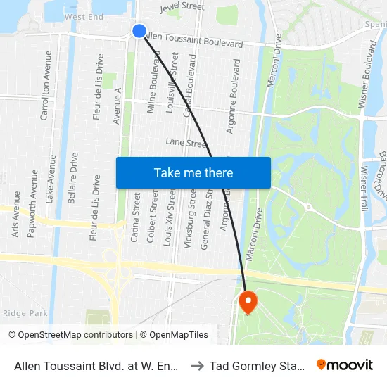 Allen Toussaint Blvd. at W. End Blvd. to Tad Gormley Stadium map