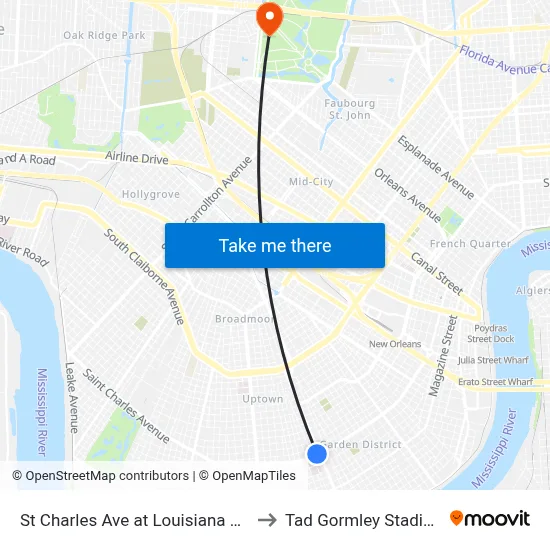 St Charles Ave at Louisiana Ave to Tad Gormley Stadium map