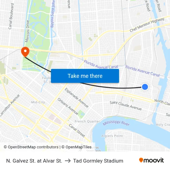 N. Galvez St. at Alvar St. to Tad Gormley Stadium map