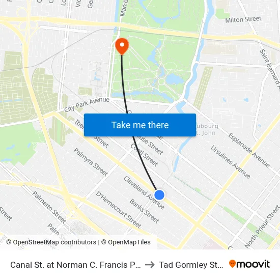 Canal St. at Norman C. Francis Pkwy. (Out) to Tad Gormley Stadium map