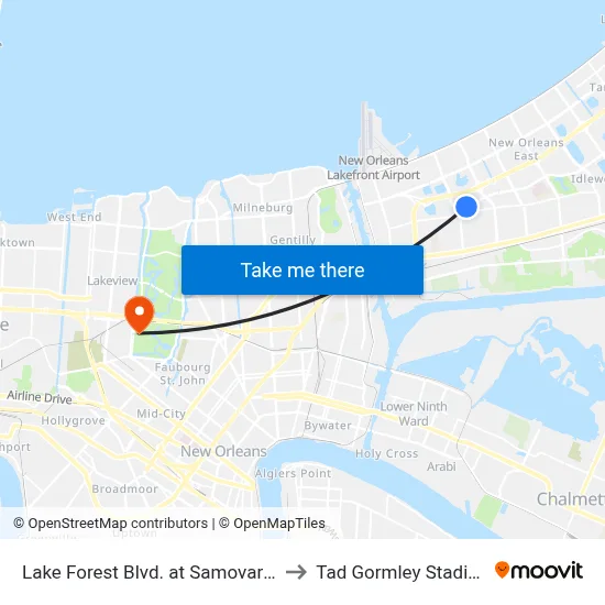 Lake Forest Blvd. at Samovar Dr. to Tad Gormley Stadium map