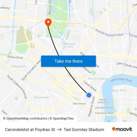 Carondeletst at Poydras St to Tad Gormley Stadium map