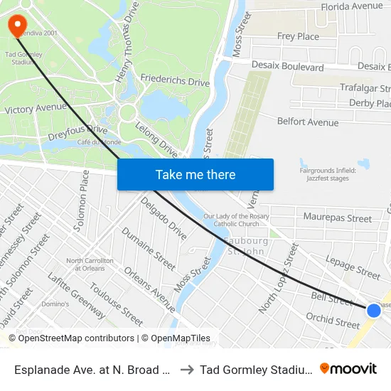 Esplanade Ave. at N. Broad St. to Tad Gormley Stadium map