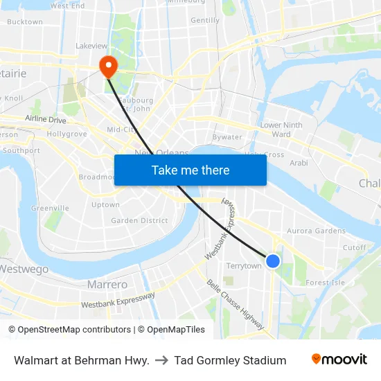 Walmart at Behrman Hwy. to Tad Gormley Stadium map