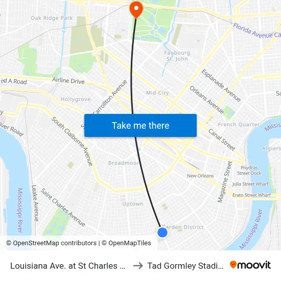 Louisiana Ave. at St Charles Ave. to Tad Gormley Stadium map