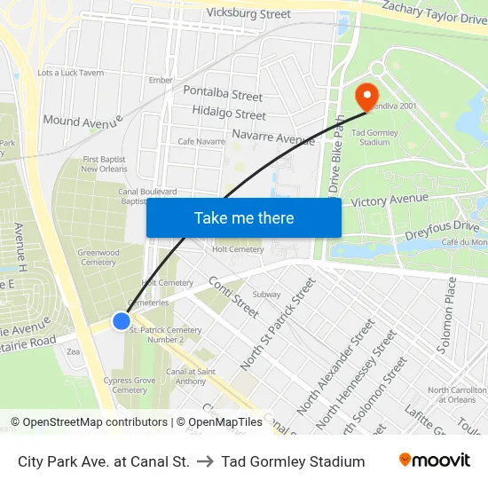 City Park Ave. at Canal St. to Tad Gormley Stadium map
