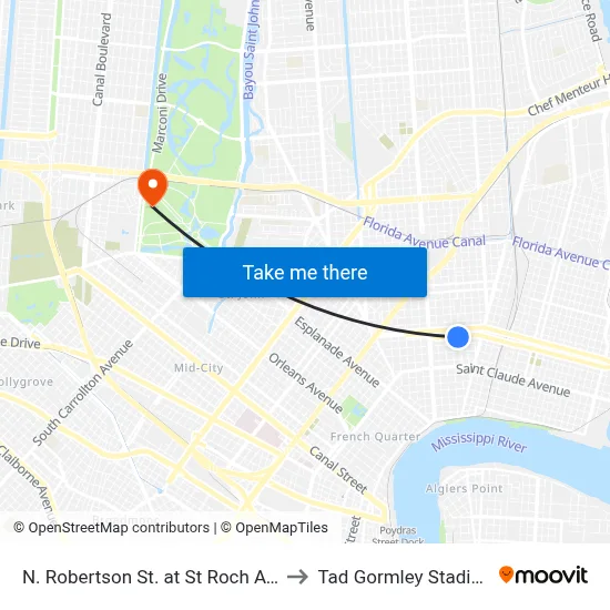 N. Robertson St. at St Roch Ave. to Tad Gormley Stadium map