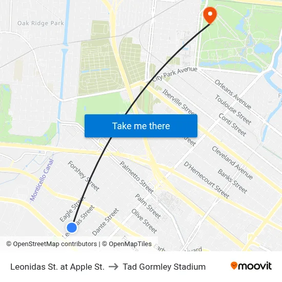 Leonidas St. at Apple St. to Tad Gormley Stadium map