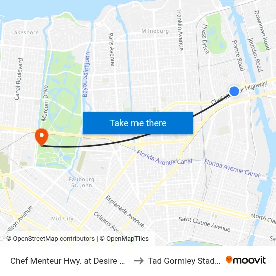 Chef Menteur Hwy. at Desire Pkwy. to Tad Gormley Stadium map