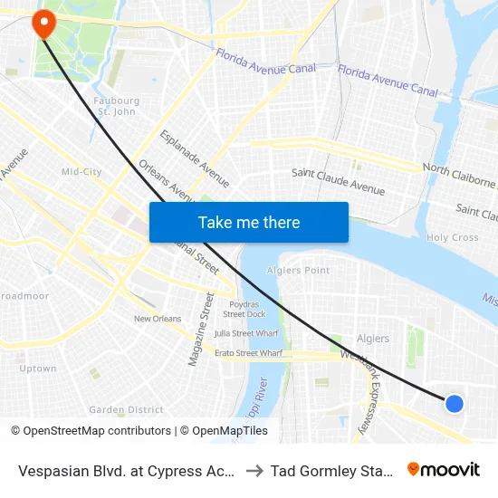 Vespasian Blvd. at Cypress Acres Dr. to Tad Gormley Stadium map