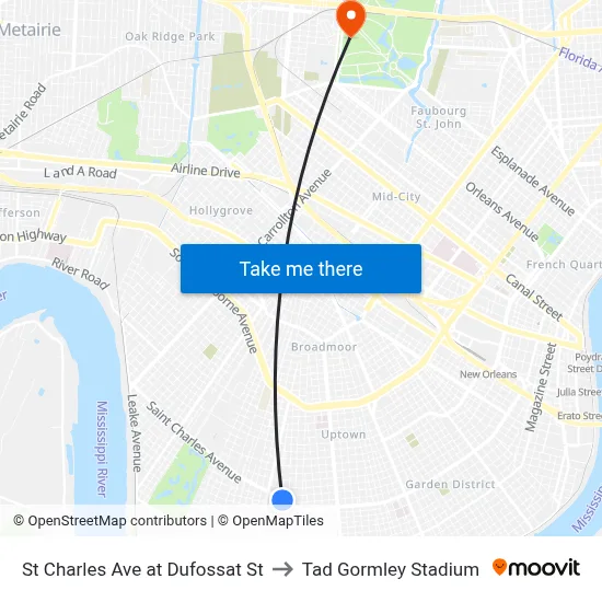 St Charles Ave at Dufossat St to Tad Gormley Stadium map