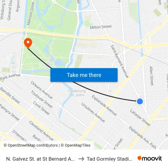 N. Galvez St. at St Bernard Ave. to Tad Gormley Stadium map