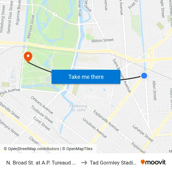 N. Broad St. at A.P. Tureaud Ave. to Tad Gormley Stadium map