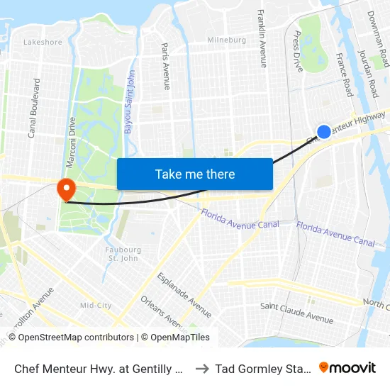 Chef Menteur Hwy. at Gentilly Walmart to Tad Gormley Stadium map