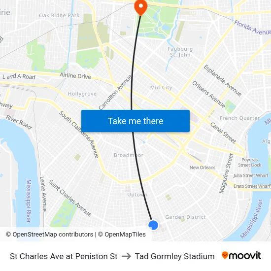 St Charles Ave at Peniston St to Tad Gormley Stadium map