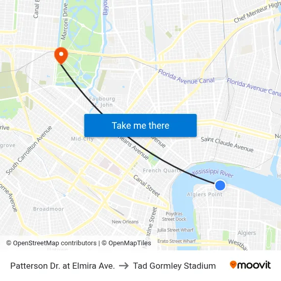 Patterson Dr. at Elmira Ave. to Tad Gormley Stadium map