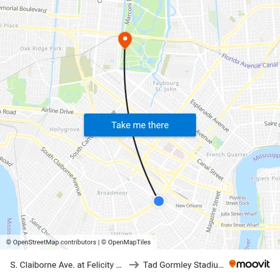 S. Claiborne Ave. at Felicity St. to Tad Gormley Stadium map