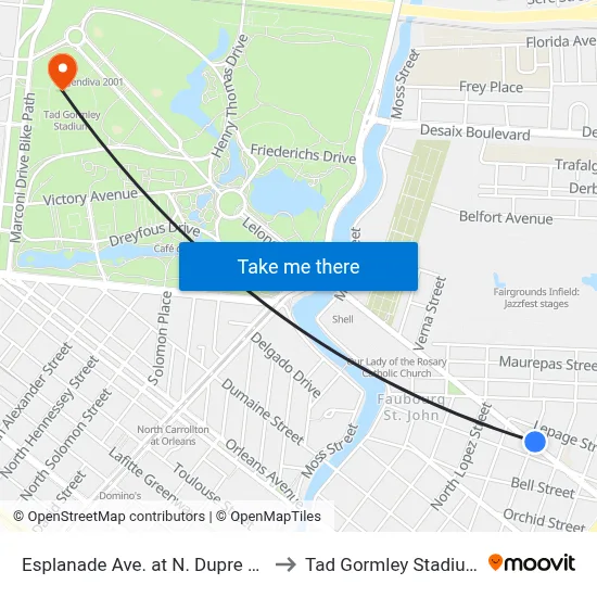 Esplanade Ave. at N. Dupre St. to Tad Gormley Stadium map