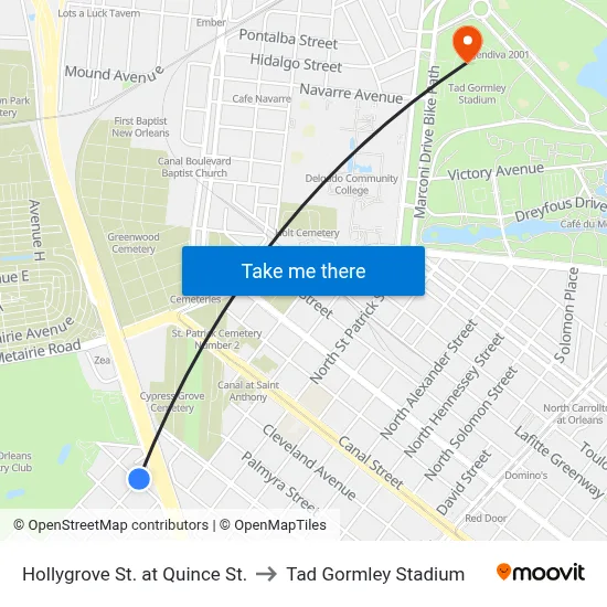 Hollygrove St. at Quince St. to Tad Gormley Stadium map