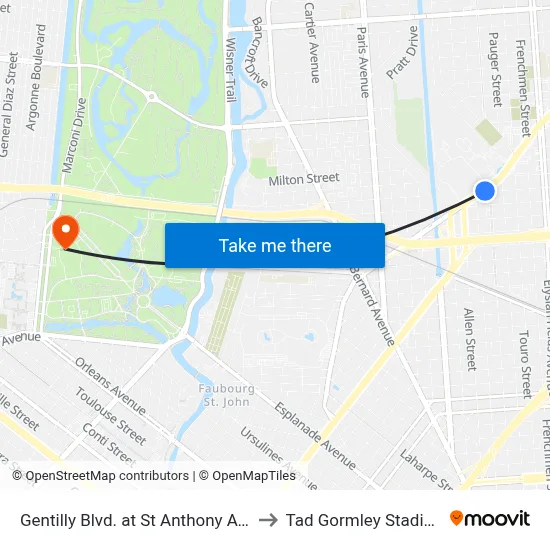 Gentilly Blvd. at St Anthony Ave. to Tad Gormley Stadium map