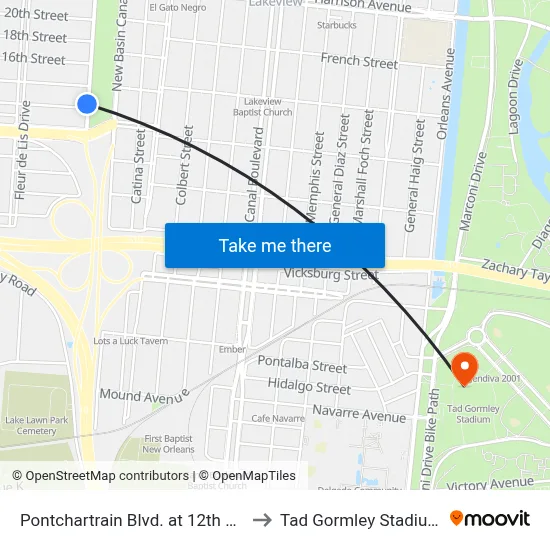 Pontchartrain Blvd. at 12th St. to Tad Gormley Stadium map