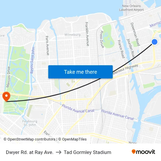 Dwyer Rd. at Ray Ave. to Tad Gormley Stadium map