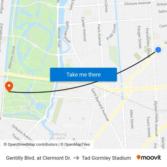 Gentilly Blvd. at Clermont Dr. to Tad Gormley Stadium map