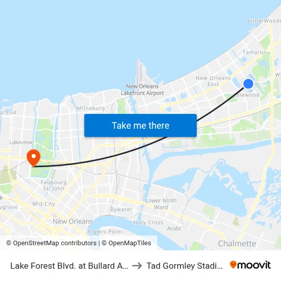 Lake Forest Blvd. at Bullard Ave. to Tad Gormley Stadium map