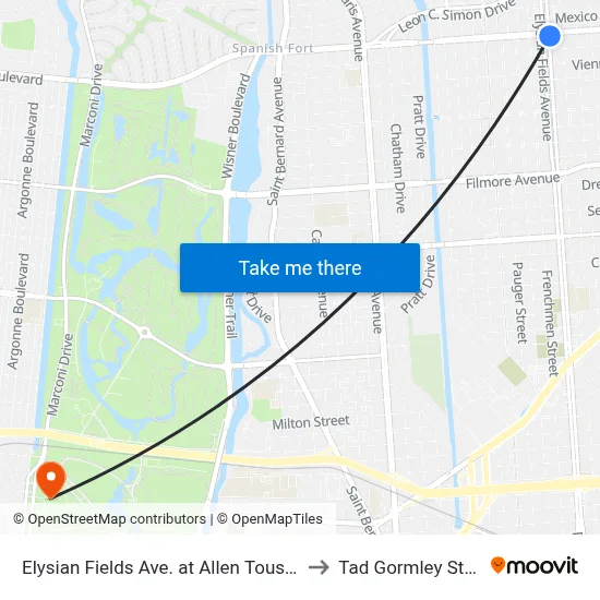 Elysian Fields Ave. at Allen Toussaint Blvd to Tad Gormley Stadium map