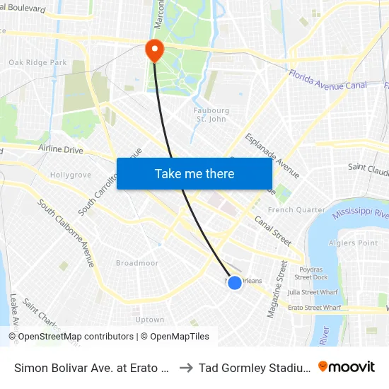 Simon Bolivar Ave. at Erato St. to Tad Gormley Stadium map