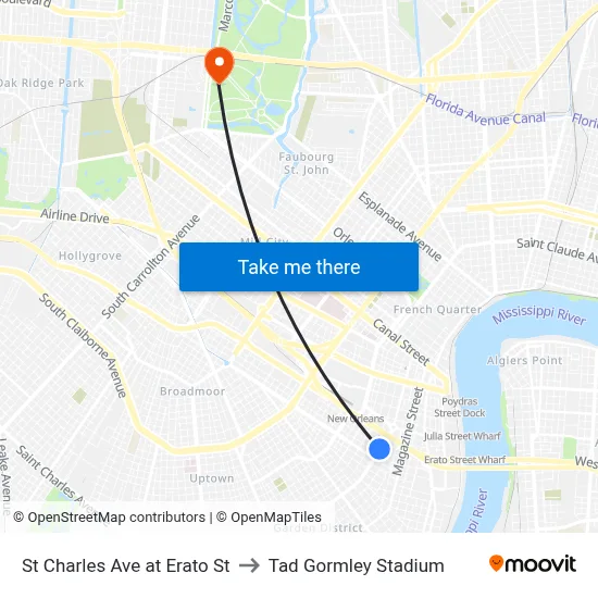 St Charles Ave at Erato St to Tad Gormley Stadium map