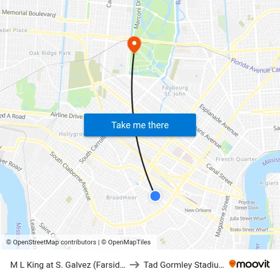 M L King at S. Galvez (Farside) to Tad Gormley Stadium map