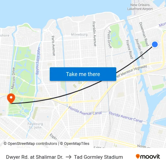 Dwyer Rd. at Shalimar Dr. to Tad Gormley Stadium map