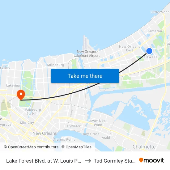 Lake Forest Blvd. at W. Louis Prima Dr. to Tad Gormley Stadium map