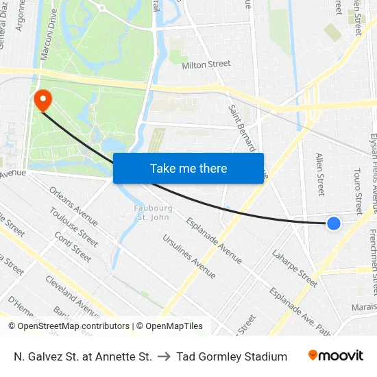 N. Galvez St. at Annette St. to Tad Gormley Stadium map