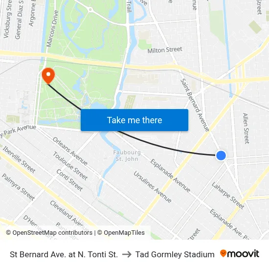 St Bernard Ave. at N. Tonti St. to Tad Gormley Stadium map