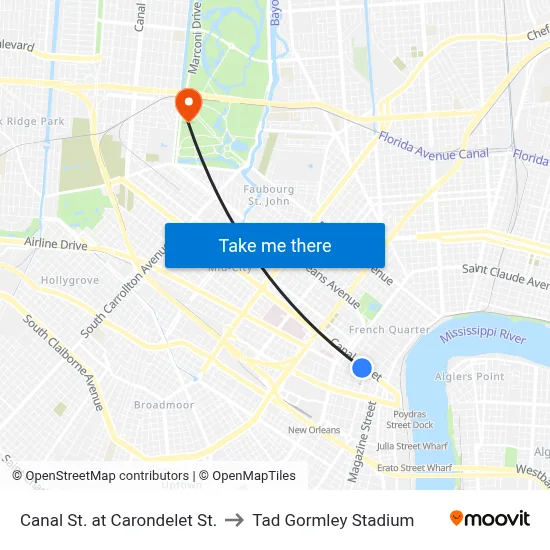 Canal St. at Carondelet St. to Tad Gormley Stadium map